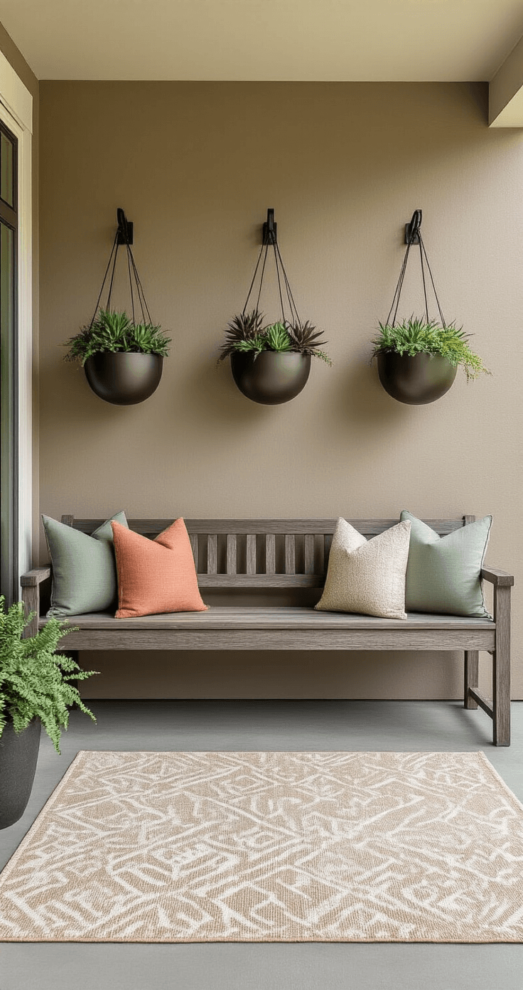 A contemporary minimalist porch featuring sleek metal hanging planters with architectural succulents on a warm taupe wall, an oversized vintage weathered charcoal wooden bench, geometric outdoor pillows in muted sage, coral, and cream, and an abstract line outdoor rug, all beautifully captured in soft mid-morning light.