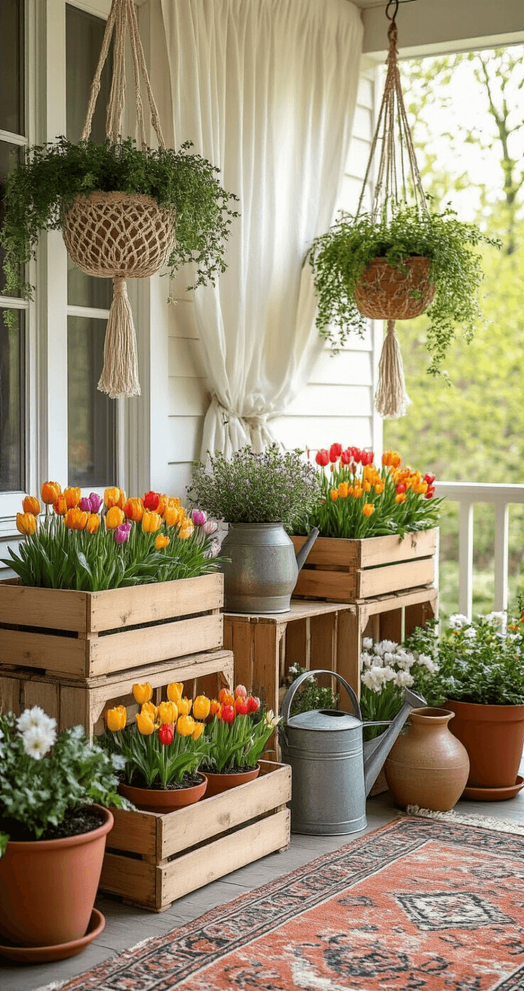 Bohemian spring porch featuring vintage and modern elements, with stacked wooden crates as plant stands holding vibrant spring bulbs, macramé hanging planters, mismatched ceramic pots, and an antique watering can, all set against a backdrop of white outdoor curtains and a faded traditional rug, illuminated by golden hour lighting.