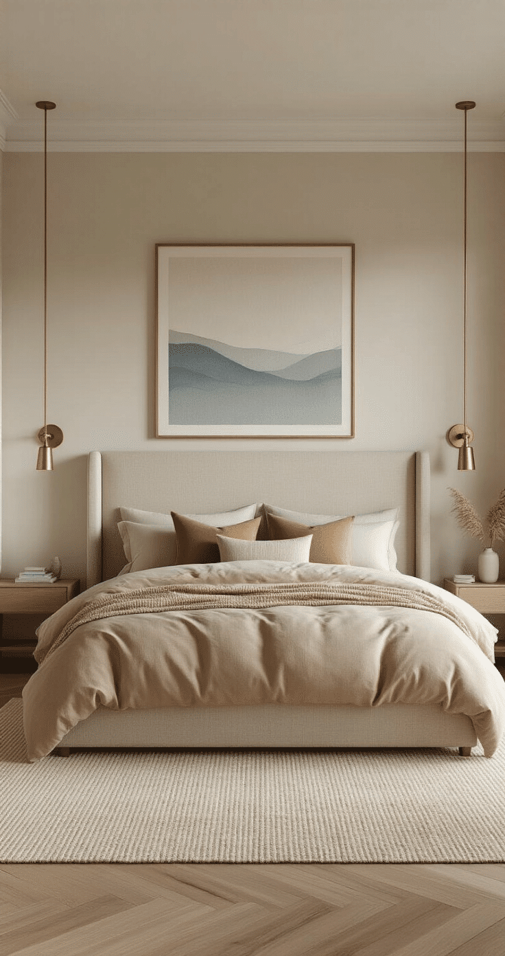 Minimalist bedroom with warm neutrals featuring a large bouclé upholstered headboard, brass swing-arm sconces, a creamy taupe duvet with textured cushions, a large abstract art piece in muted blues and greens, wide plank oak flooring, and a wool rug, all softly illuminated by morning light through sheer linen curtains.