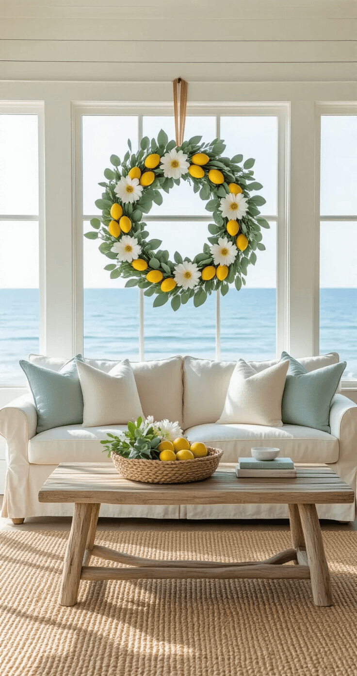 Coastal-inspired living room with a handmade summer wreath of faux lemons and white flowers, large windows displaying ocean-blue waters, a linen slipcover sofa in soft sand color, jute rug, and driftwood coffee table, all accentuated by natural light and a neutral color palette.