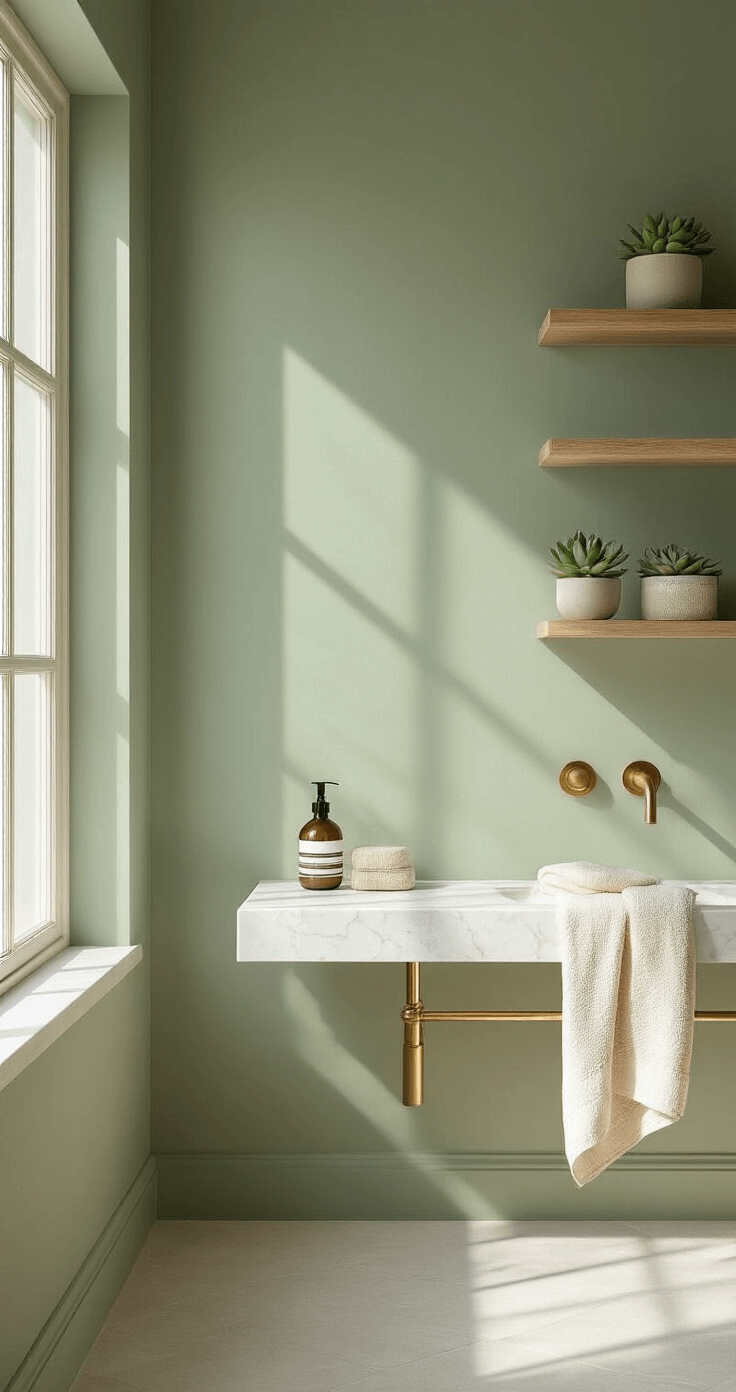 Ultra-realistic contemporary bathroom with sage green walls, a white marble vanity with brass fixtures, frosted windows allowing soft natural light, light grey porcelain floor tiles, handwoven cream linen towels on a matte gold towel bar, and elegant wooden floating shelves with potted succulents, all creating a serene, spa-like atmosphere.