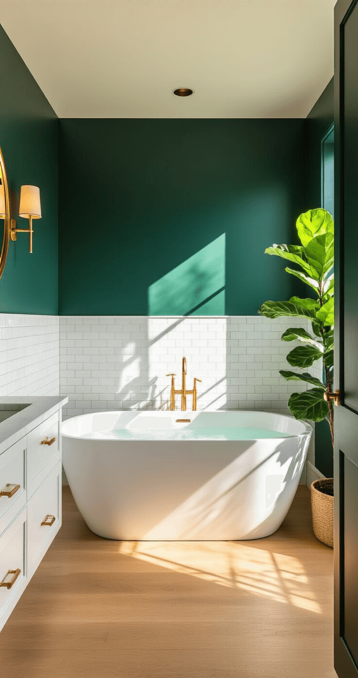 Luxurious master bathroom with deep emerald green walls, floor-to-ceiling subway tiles behind a freestanding white bathtub, warm golden hour lighting, brass fixtures, a large round gold-framed mirror, natural oak wooden floors, white marble countertops, and a potted fiddle leaf fig, evoking opulent tranquility.