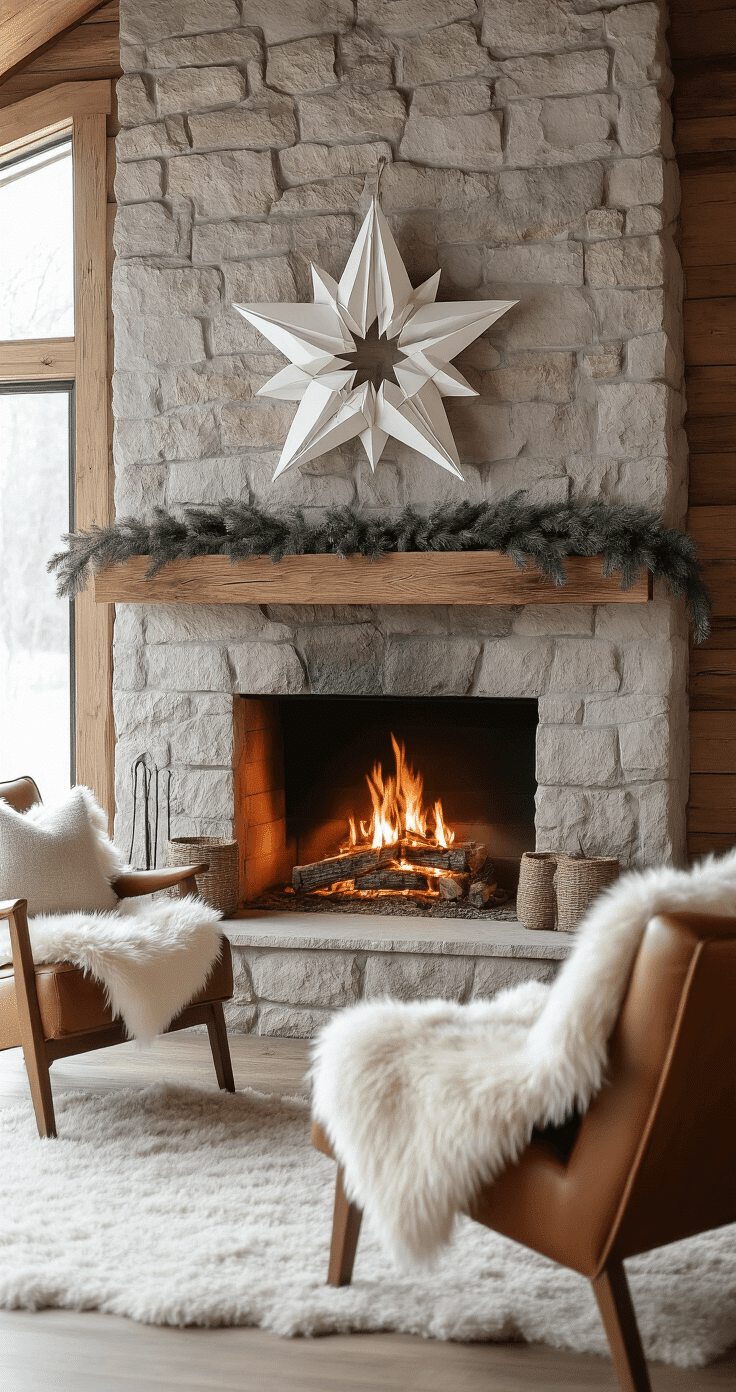 Rustic winter cabin interior featuring a minimalist Christmas paper star wreath on a reclaimed barn wood wall, an oversized stone fireplace with a crackling fire, and mid-century modern leather chairs adorned with sheepskin throws, all illuminated by soft tungsten lighting in a Scandinavian-inspired design.