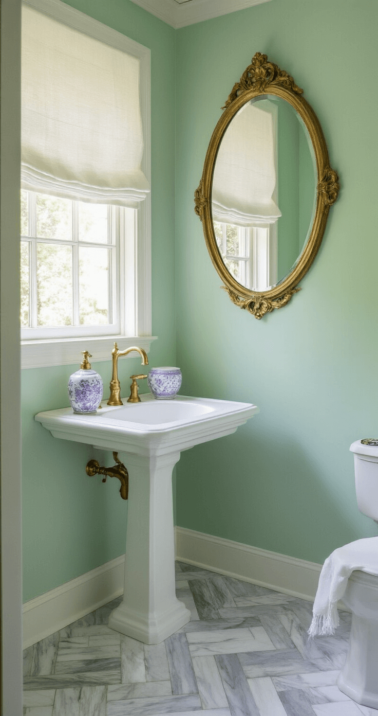 A compact powder room featuring soft mint green walls, a white pedestal sink with a gold faucet, a vintage brass mirror, and lavender and white ceramic accessories, all set against herringbone marble floor tiles in soft grey and white. Sheer white linen roman shades filter afternoon light, while recessed lighting highlights the room's textures and design details.
