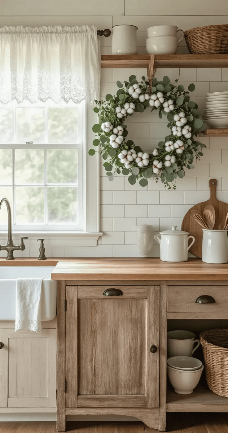 Cozy farmhouse kitchen featuring a cotton flower and eucalyptus wreath on an aged wooden pantry door, butcher block countertops, vintage enamelware, and a soft white subway tile backsplash, bathed in morning sunlight with rustic open shelving and a warm neutral color palette.