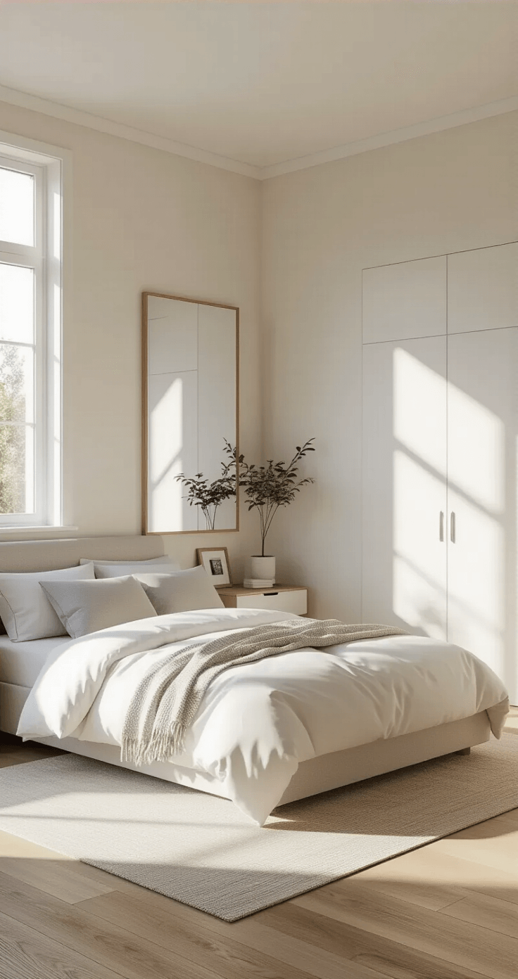 A serene modern bedroom featuring a queen bed with crisp white linens and light gray pillows against warm white walls, illuminated by natural sunlight from large windows. A full-length mirror on the closet door, a slim nightstand, and a floating shelf with minimalist decor emphasize spaciousness and clean lines on light oak hardwood floors.