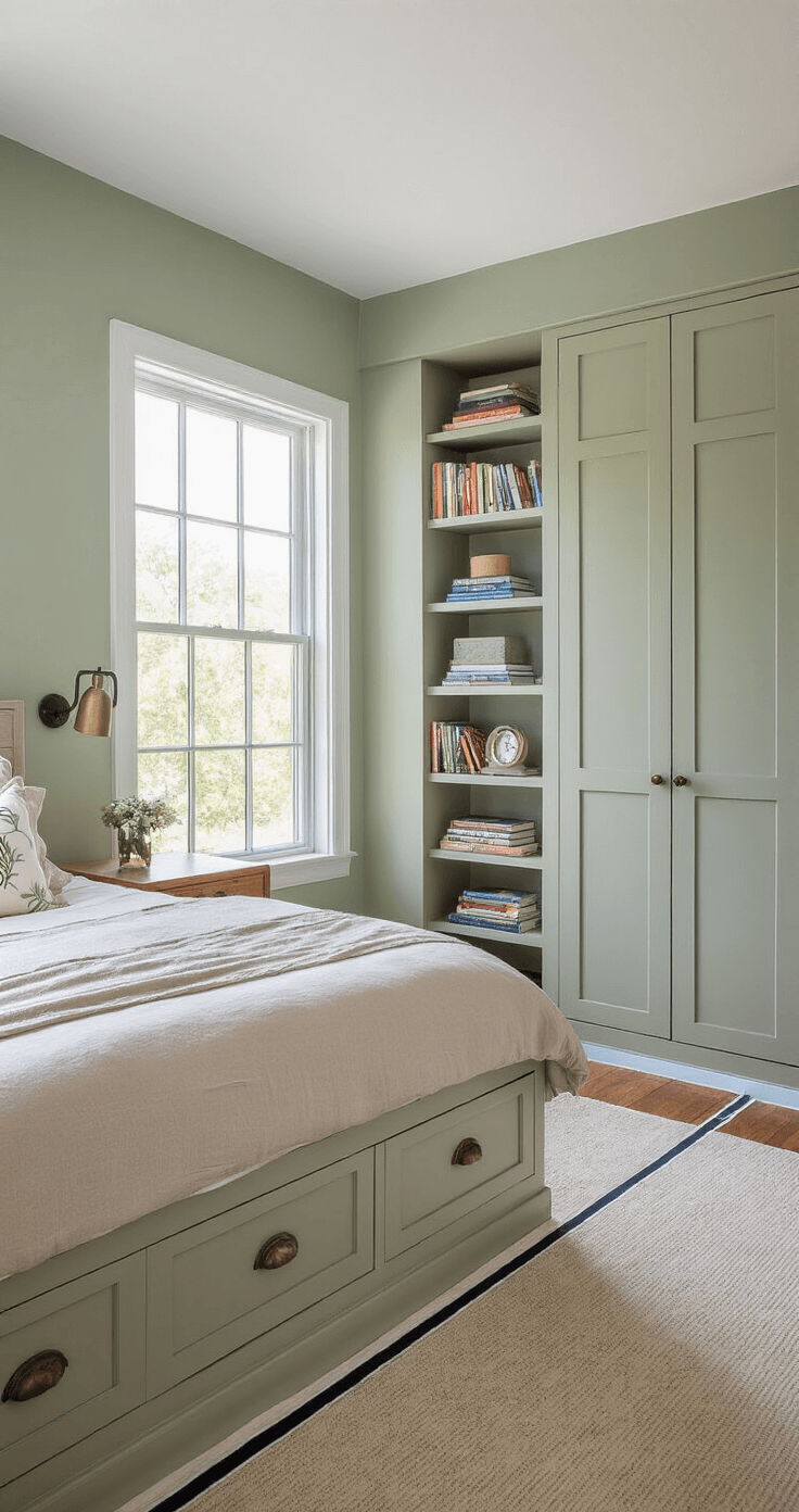 Asymmetrical bedroom with a storage bed positioned diagonally, traditional nightstand on one side, floating wall shelf with reading light on the opposite wall, tall wardrobe armoire in the corner, staggered floating shelves above the bed, muted sage green walls with white trim, and a large window letting in natural light, with painter's tape markings on the floor for furniture placement.