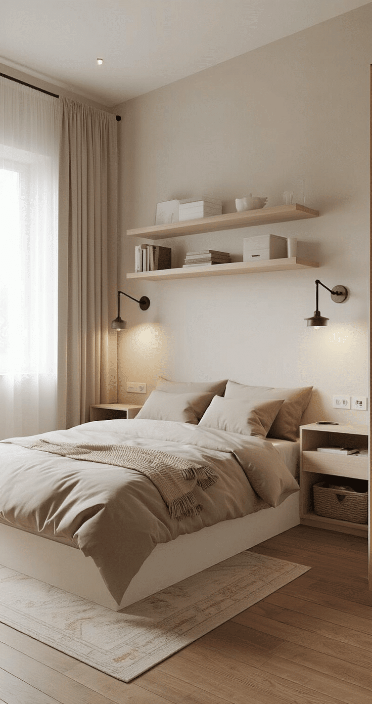 A compact and modern bedroom featuring vertical storage solutions, including floating shelves and a fold-down desk, with a queen bed positioned against the wall, a minimalist nightstand, and a wall-mounted lamp. Soft white walls and a large mirror enhance light, while under-bed storage bins and hardwood floors with an area rug maintain a clean and organized look, with ample walking space and soft natural light from sheer curtains.