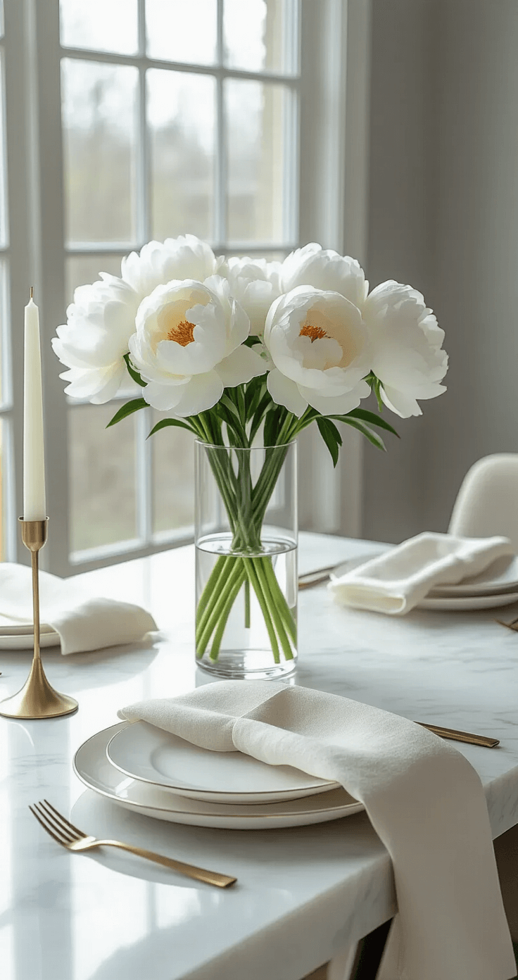 A minimalist spring tablescape featuring a sleek marble dining table, a tall clear vase with white peonies, cream linen napkins, modern white porcelain plates with platinum rims, a brass candlestick with an LED candle, and soft natural light creating gentle shadows, all set against a soft gray background.