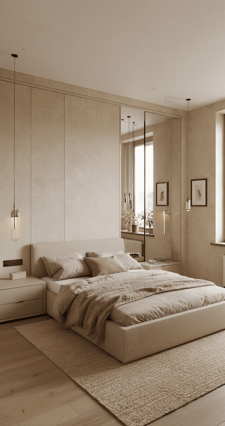 A warm-toned bedroom featuring a full-length closet with an integrated mirror, a queen bed aligned with the doorway following feng shui principles, slim nightstands, swing-arm reading lights, a large window for natural light, and curated decor elements like potted plants and framed artwork, all creating a spacious and inviting atmosphere.