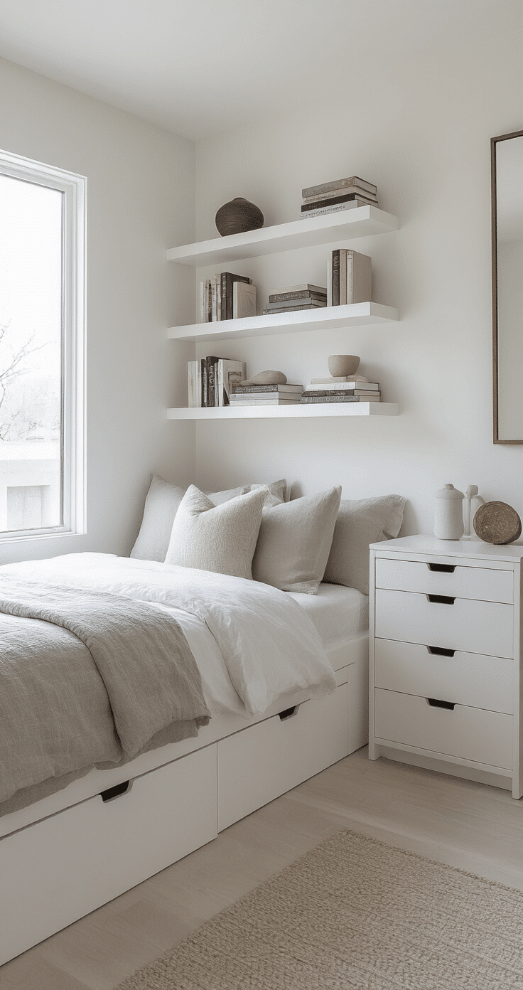 Modern minimalist bedroom with a storage bed against a textured white wall, asymmetrical floating shelves displaying decor, a substantial nightstand, and a wall-mounted desk. Natural light streams through a large window, enhanced by a mirror, with ample floor space and a muted color palette.