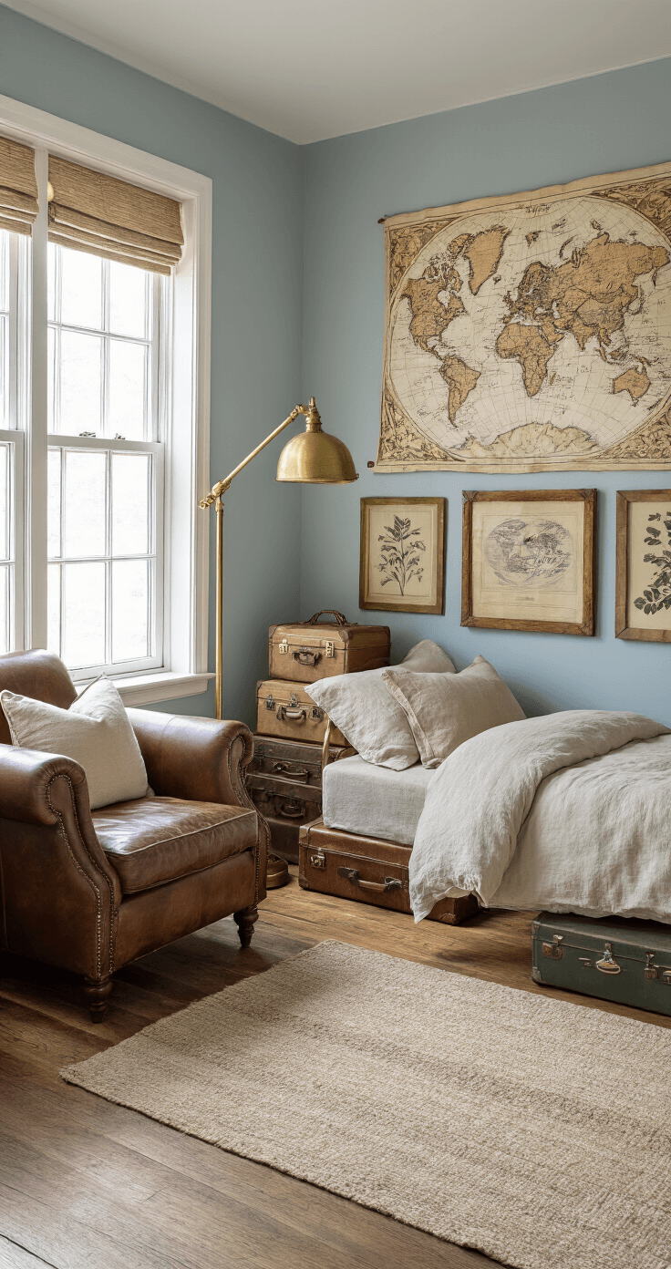 Adventurous kid's bedroom featuring a vintage world map tapestry accent wall, antique brass floor lamp, distressed leather armchair by a bay window, stacked vintage suitcases, soft blue-gray walls, natural wood flooring, botanical prints, brass pin board with travel memorabilia, and a neutral canopy bed, all captured in warm, cinematic lighting from an elevated angle.