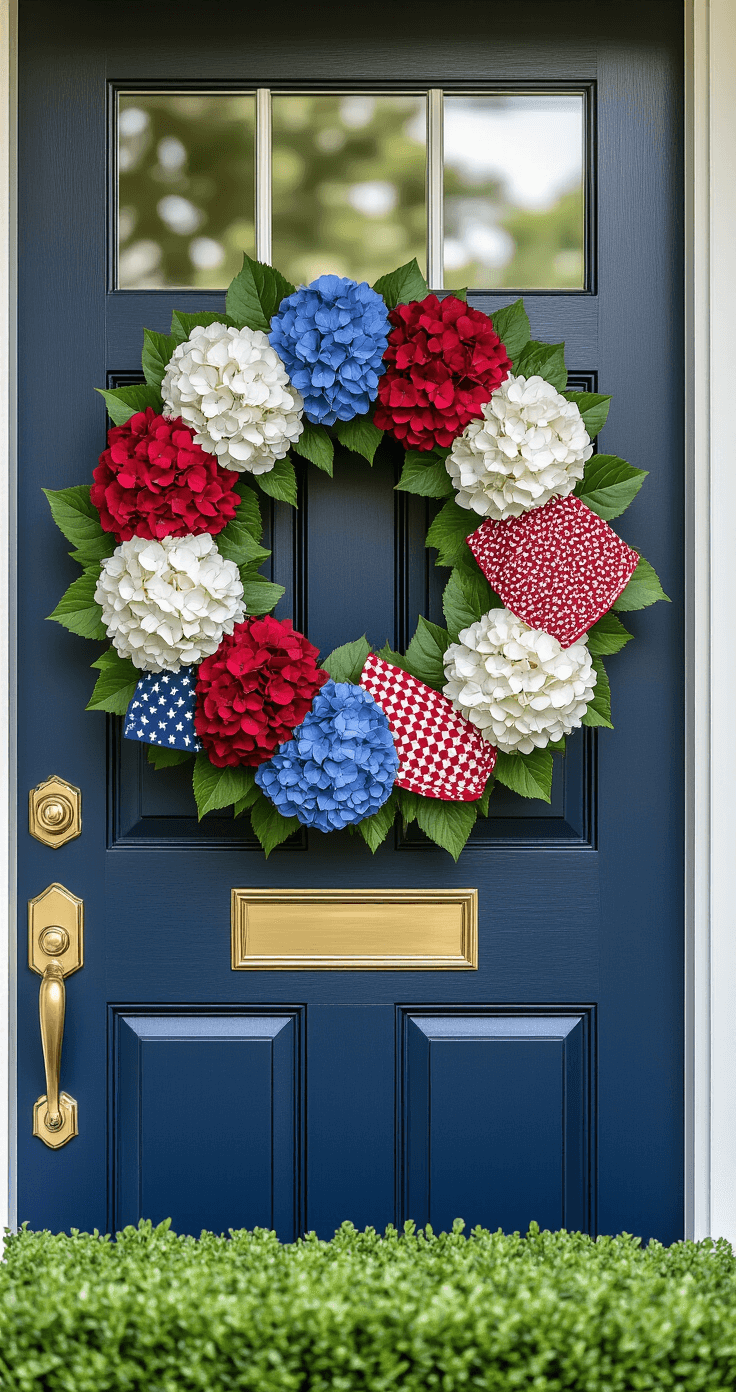 Patriotic summer wreath adorned with red, white, and blue hydrangeas on a grapevine base, accented with a bandana, positioned on a navy blue front door, with brass hardware and a soft-focus manicured boxwood hedge in the background.