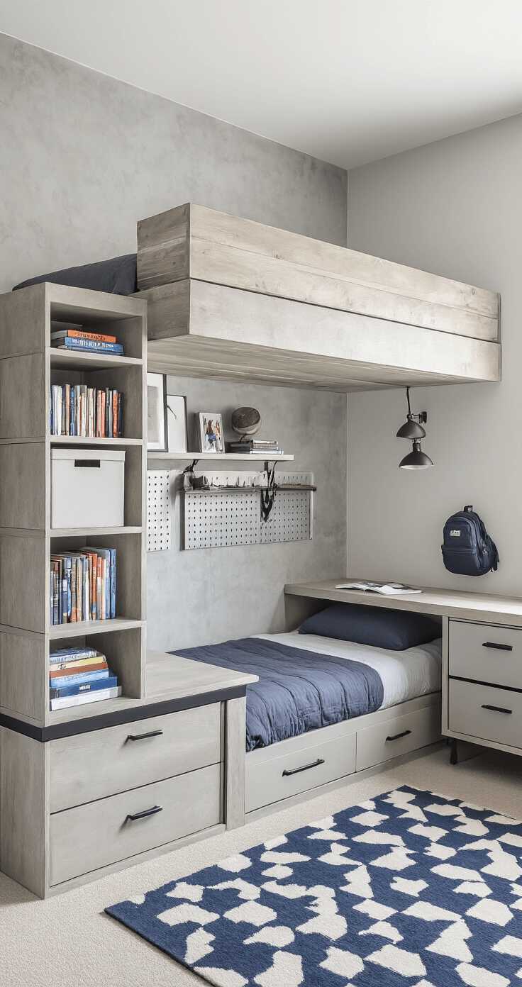 Minimalist boys' bedroom featuring a loft bed with an integrated desk, modular cube storage as a room divider, soft gray and concrete-textured walls, industrial task lighting, and geometric area rug. Includes rolling storage drawers, floating shelves with books, and pegboard for backpacks and sports gear, showcasing a functional and efficient design.