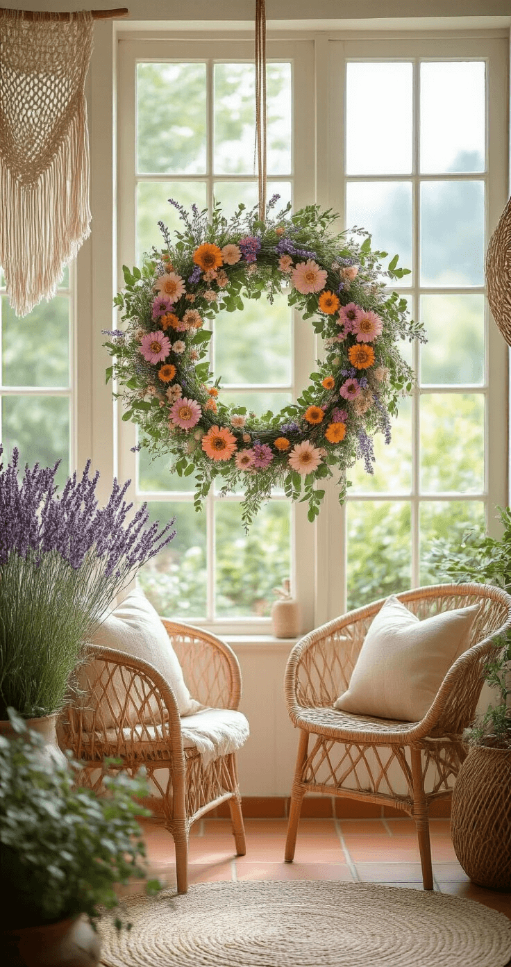 Bohemian summer wreath with wildflowers and dried lavender, zinnias, and eucalyptus, hanging in a bright sunroom with rattan furniture and macrame wall hangings, illuminated by natural light.