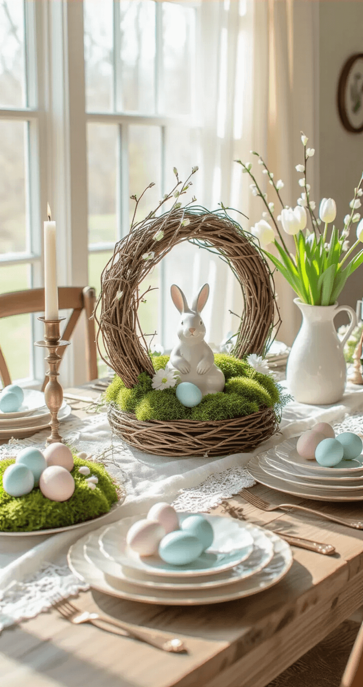 Ultra-detailed Easter tablescape featuring a vintage white lace tablecloth, layered grapevine wreath centerpiece with pastel-colored eggs, delicate tulips, and pussy willow branches, set on a rustic wooden table with brass candlesticks and copper-rimmed plates, all bathed in soft, diffused morning sunlight.