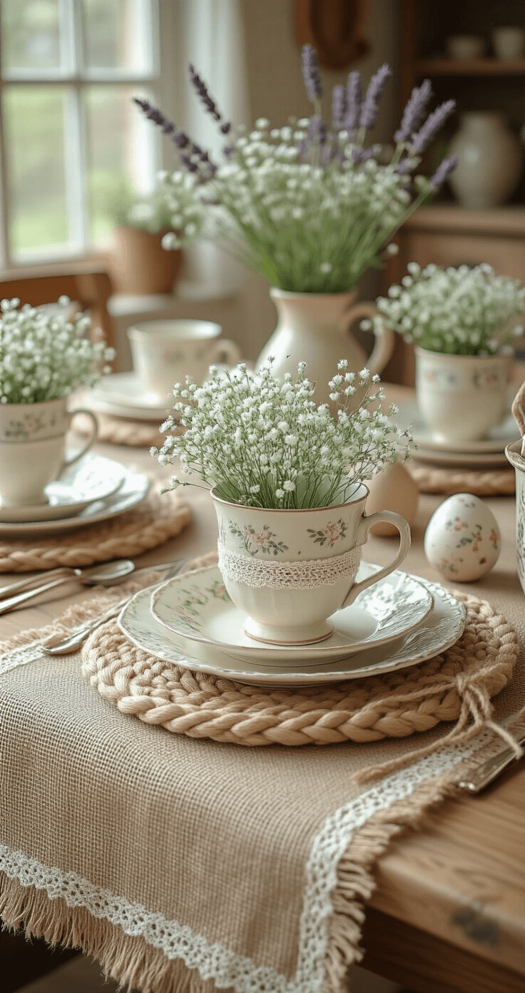 Bohemian Easter table setting featuring a burlap table runner with crocheted lace, mismatched vintage tea cups with baby's breath, braided cream and sage placemats, hand-painted ceramic eggs, and lavender sprigs in tied napkins, all under soft morning light in a muted pastel palette.