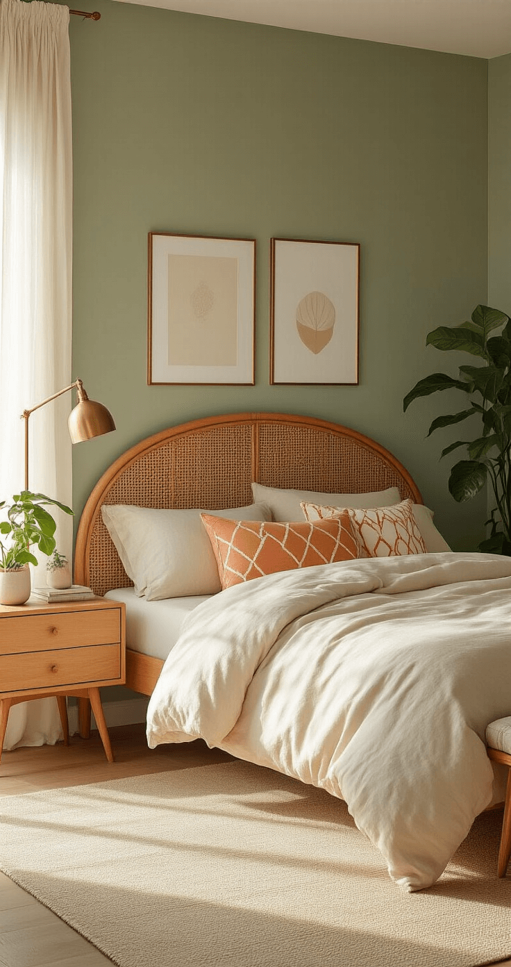 A bright mid-century modern bedroom with color-blocked sage green and coral walls, a rattan headboard, layered cream and blush bedding, geometric print pillows, a pothos plant by a brass floor lamp, morning light through sheer curtains, minimal gold-framed artwork, and curved-edge wood nightstands.