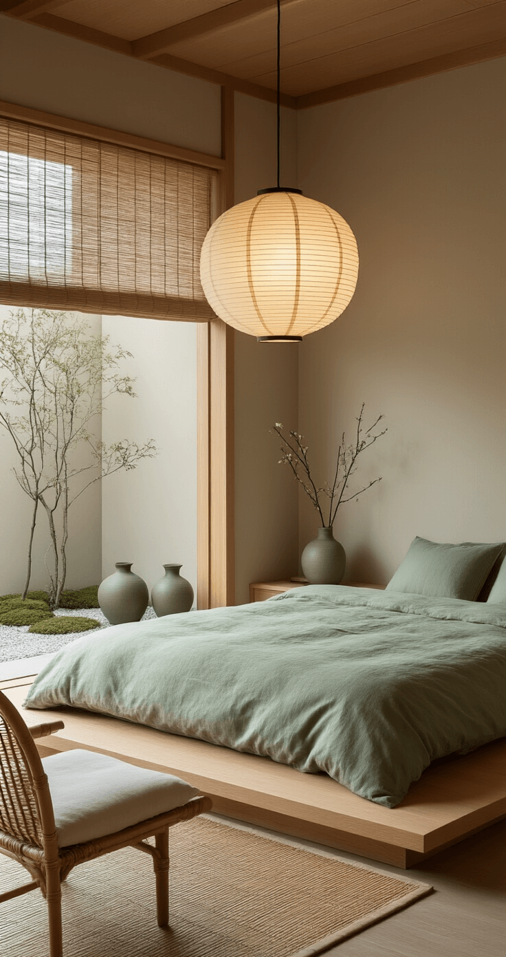 Minimalist Japanese-inspired bedroom featuring a low oak platform bed with a sage green duvet, a paper lantern pendant, ceramic vases, a woven tatami-style rug, an indoor rattan chair, bamboo shades, and a view of a small zen garden, all illuminated by soft morning light.