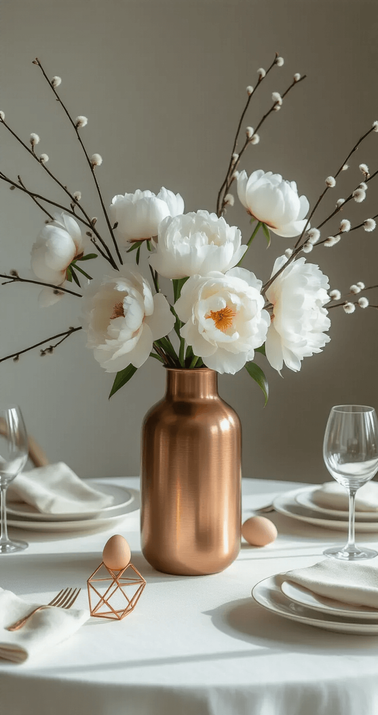 Minimalist Easter table setting featuring a stark white tablecloth, a tall copper vase with cascading white peonies and pussy willow branches, geometric copper place card holders, crisp white porcelain plates with a subtle gold rim, a single blown glass egg accent, and elegantly folded natural linen napkins, all illuminated by dramatic side lighting that enhances shadows and negative space in a color palette of white, ivory, and copper with hints of green.