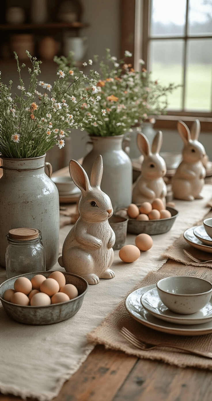 A rustic farmhouse Easter table set with a wooden farm table, natural linen runner, vintage ceramic bunny figurines, distressed metal trays, scattered wooden eggs, and mason jars of spring wildflowers, adorned with copper accents, burlap placemats, and hand-thrown ceramic plates in muted earth tones, all bathed in soft morning light.