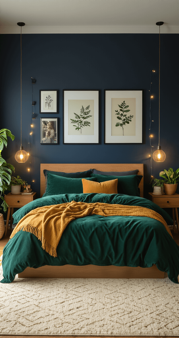 A cozy bedroom with deep navy walls, featuring a velvet emerald green duvet, warm-toned lighting, a gallery wall of black-framed photos and botanical prints, a thick cream rug, a low-profile wooden bed frame, a mustard yellow throw blanket, and indoor plants in ceramic pots, all under early evening moody lighting.
