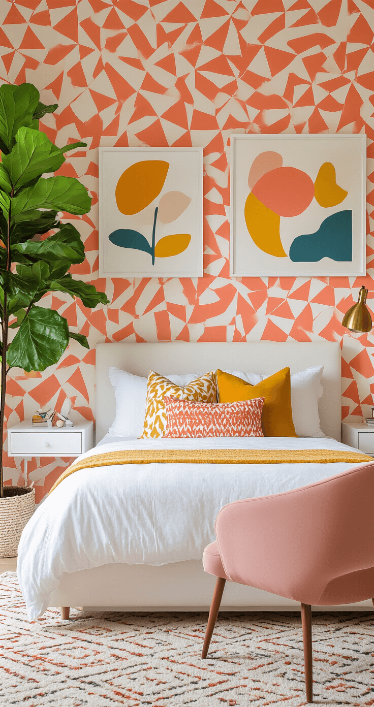 A vibrant and playful bedroom with geometric coral and mustard wallpaper, a low-profile white bed adorned with accent pillows, floating nightstands, a large fiddle leaf fig plant, a brass table lamp, abstract art, and a mid-century modern blush chair, all illuminated by morning sunlight.