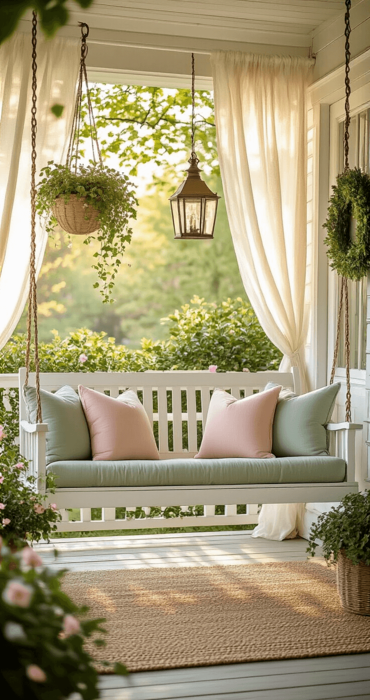 Cinematic view of a classic farmhouse front porch at golden hour, showcasing a whitewashed swing with pastel cushions, a natural fiber rug, hanging planters with ivy and petunias, vintage brass lanterns, and sheer linen curtains, creating a warm and inviting atmosphere.