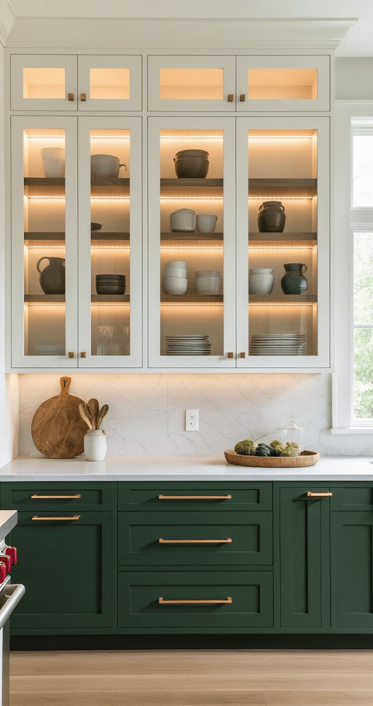 Sophisticated two-tone kitchen with deep forest green lower cabinets and warm white uppers, accented by brushed brass hardware, illuminated glass-front display cabinets, natural wood shelves with curated ceramics, and morning light filtering through large windows.