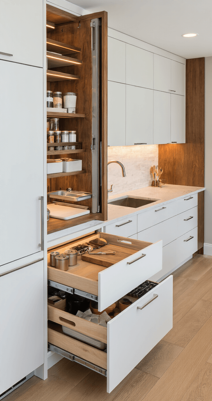 Modular kitchen workspace featuring an integrated hidden pantry, a sliding panel that reveals a comprehensive preparation station, and a workstation sink with a built-in cutting board. The design includes matte white cabinetry and warm wood accents, along with organized elements like pull-out spice racks and vertical tray dividers, all illuminated by soft overhead and under-cabinet lighting for a sophisticated ambiance.