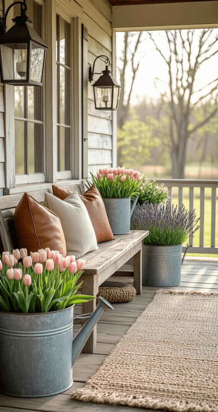 A rustic farmhouse front porch featuring a reclaimed wood bench, oversized galvanized metal planters filled with spring tulips and lavender, vintage enamel watering cans, distressed leather throw pillows, wrought iron lanterns, and a handwoven wool rug in muted earth tones, all bathed in soft morning light that highlights weathered textures and a subtle green and cream color palette.