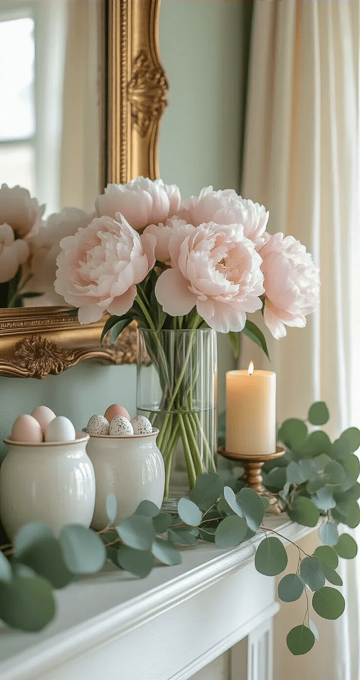A sunlit spring mantel vignette featuring soft blush peonies in a tall glass vase, vintage white ceramic containers with speckled eggs, a distressed gold-framed mirror, and trailing eucalyptus garland, illuminated by warm afternoon light through sheer linen curtains, against a soft sage green wall.