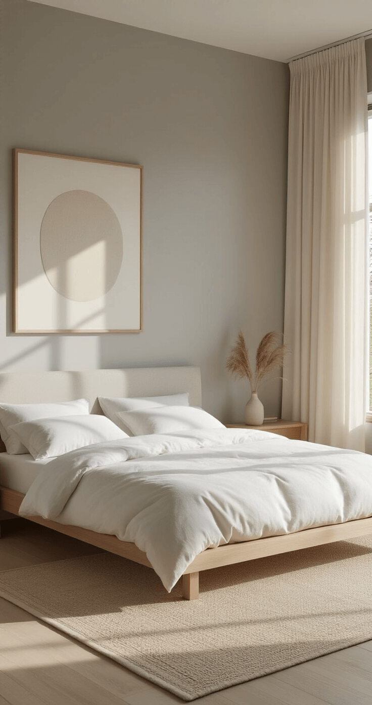 A serene minimalist bedroom featuring soft gray walls, a low-profile platform bed in warm white oak with white linens, sheer cream curtains, and a large neutral geometric art piece, all illuminated by golden hour light through large windows.