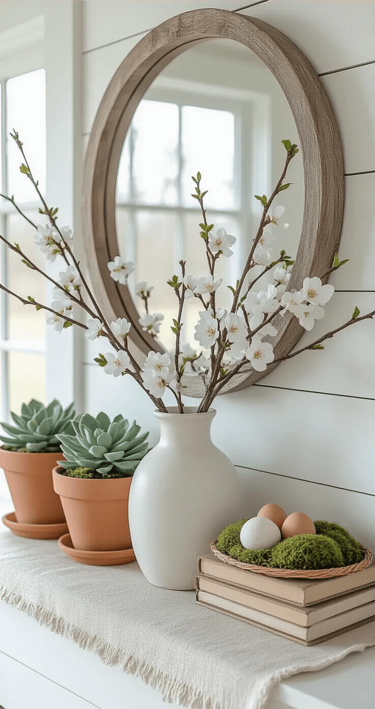 A modern farmhouse spring mantel featuring whitewashed terra cotta pots with faux succulents, oversized cherry blossom branches in a matte white vase, a circular wooden mirror with a weathered frame, stacked neutral-toned vintage hardcover books, a small woven basket with moss and ceramic eggs, all against a crisp white shiplap background with a natural linen runner, bathed in soft diffused natural light for a clean minimalist look.