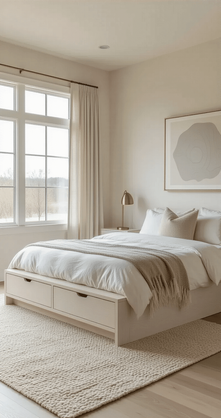 Contemporary minimalist bedroom featuring a whitewashed wooden platform bed, lucite bedside table, soft cream walls, large windows with linen panels, and a geometric wool area rug, all enhanced by soft morning light and an abstract art piece.