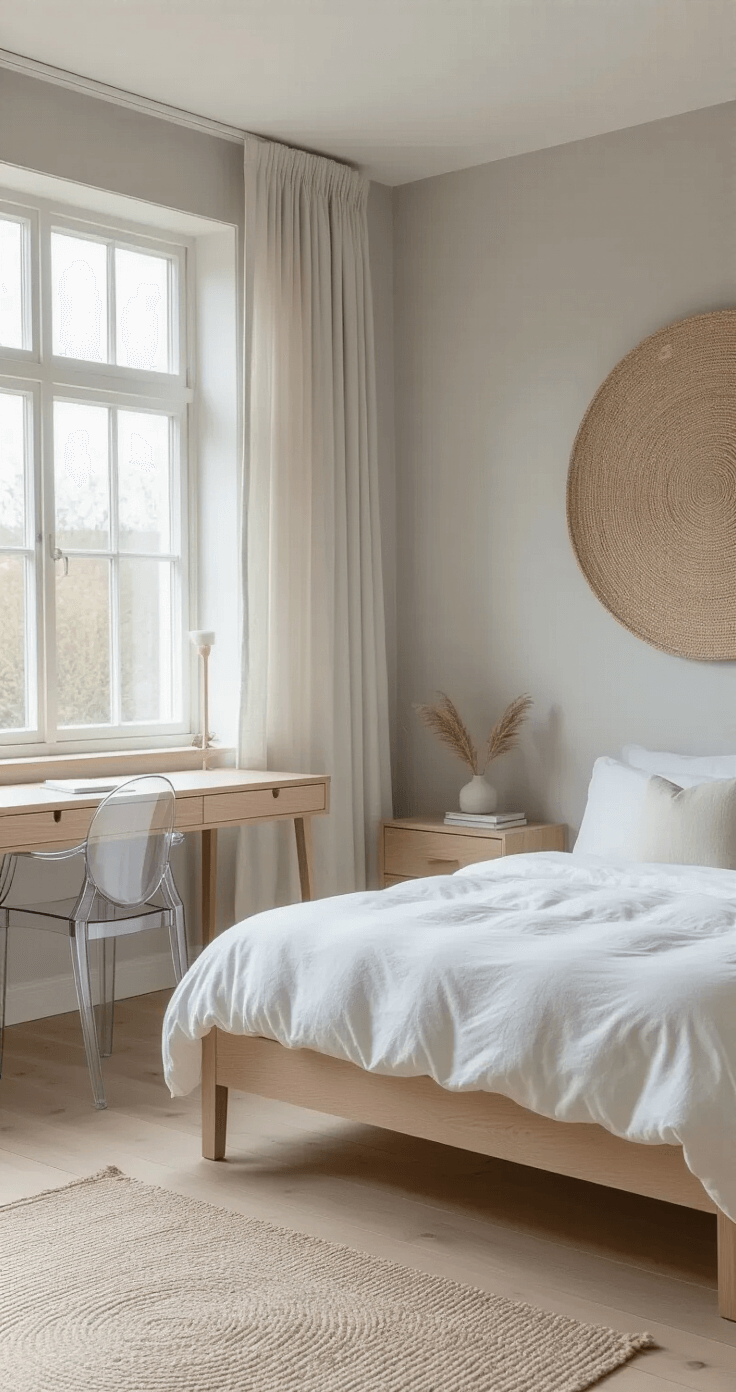 A serene Scandinavian-inspired minimalist bedroom featuring pale wood flooring, a low-profile natural oak bed with white linens, soft dove gray walls, and an oversized round mirror. An acrylic desk chair is positioned by the window, alongside a simple wooden nightstand with hidden storage. Pale linen curtains and a large woven wall hanging in neutral tones complement the warm indirect lighting, enhancing the spacious and airy atmosphere. Gentle morning light filters through sheer curtains, adding a soft texture to the scene.