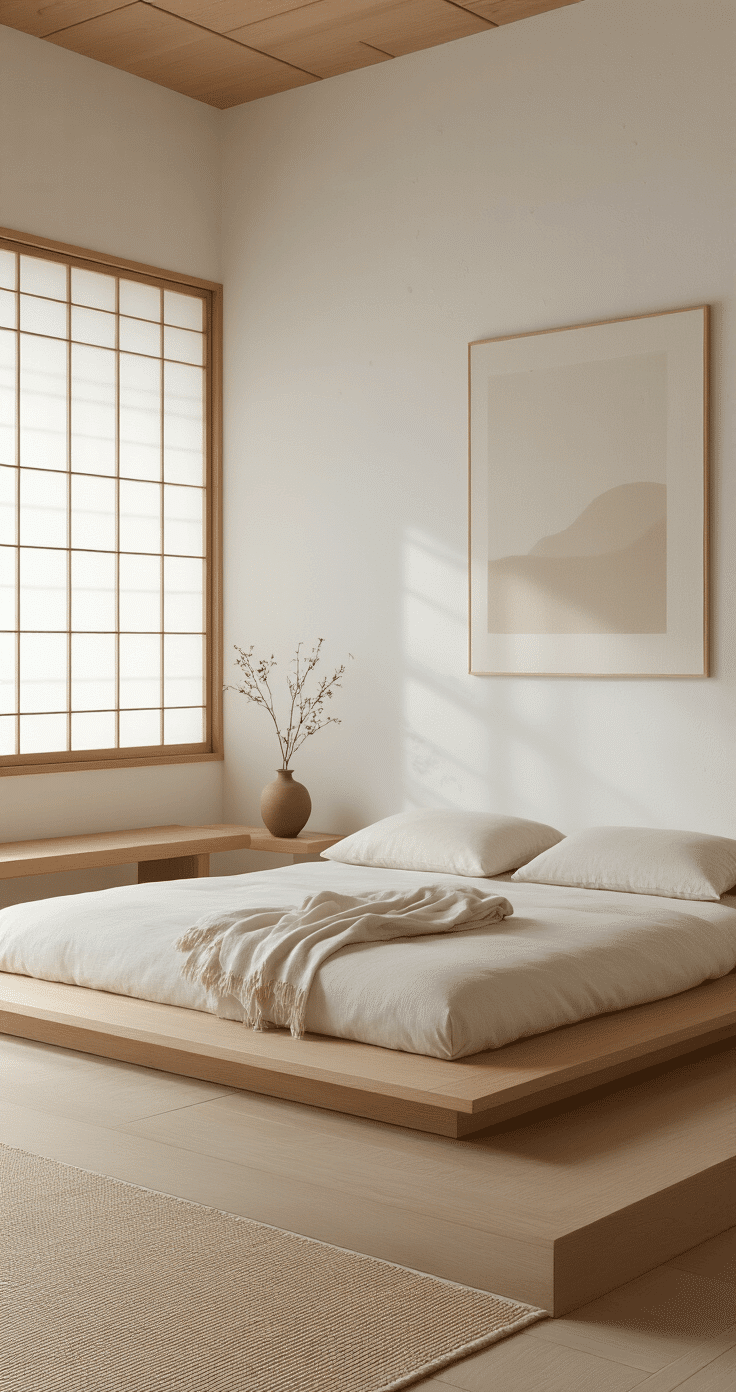 Zen-inspired minimalist bedroom with tatami-style platform bed, white textured walls, and a large window with a paper screen. Features minimal decor including a small ceramic vase, a cream linen throw, and an abstract art piece. A pale woven area rug and a simple wooden bench enhance the calm ambiance, captured from a low angle to emphasize natural light and serenity.