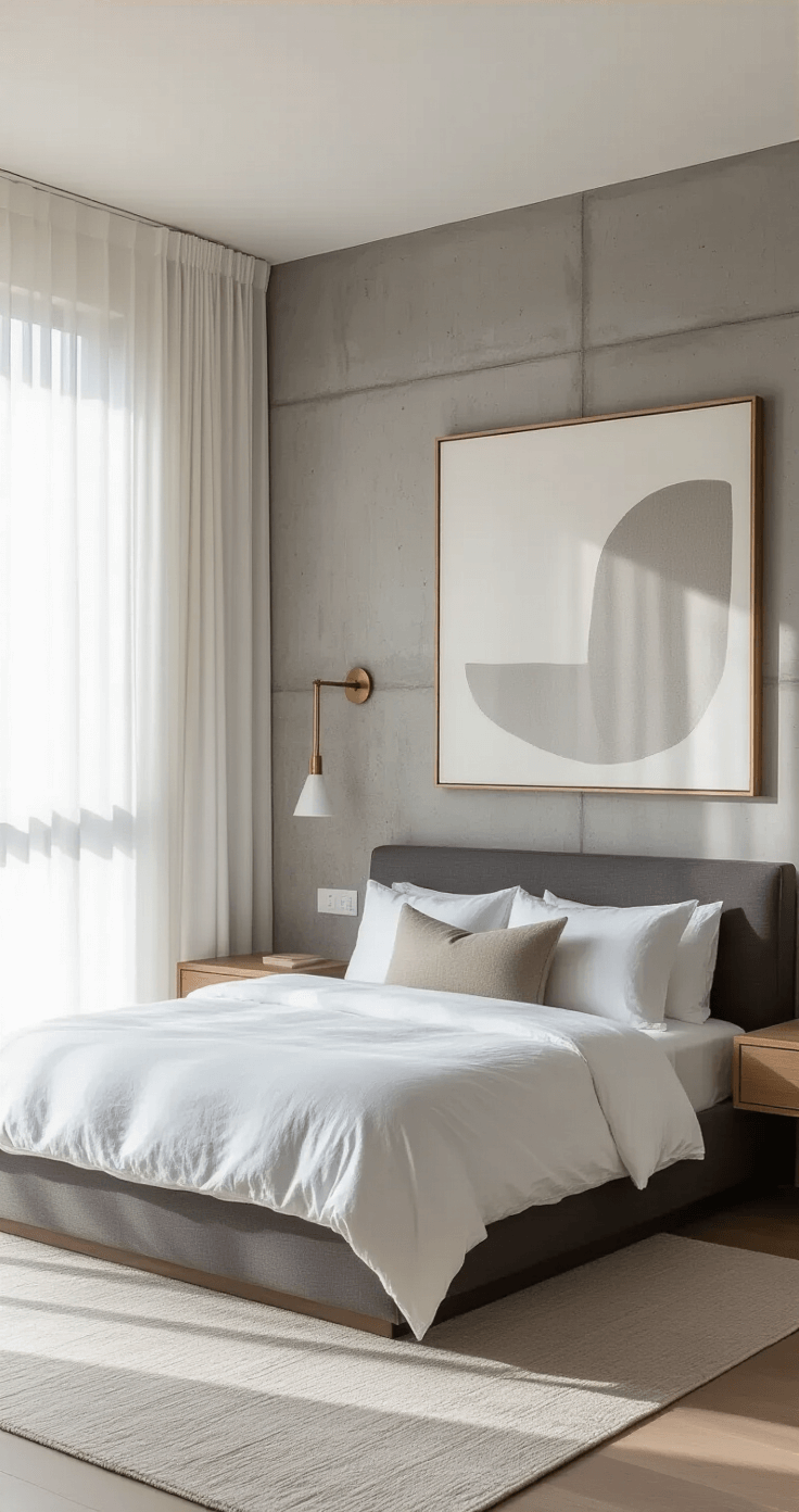 Modern minimalist bedroom featuring a concrete accent wall, low-profile charcoal gray bed with white linen bedding and a taupe lumbar pillow, pale wood nightstands, minimalist brass wall sconces, large monochromatic abstract art, geometric soft gray area rug, and floor-to-ceiling windows with sheer white curtains, all illuminated by soft morning light.