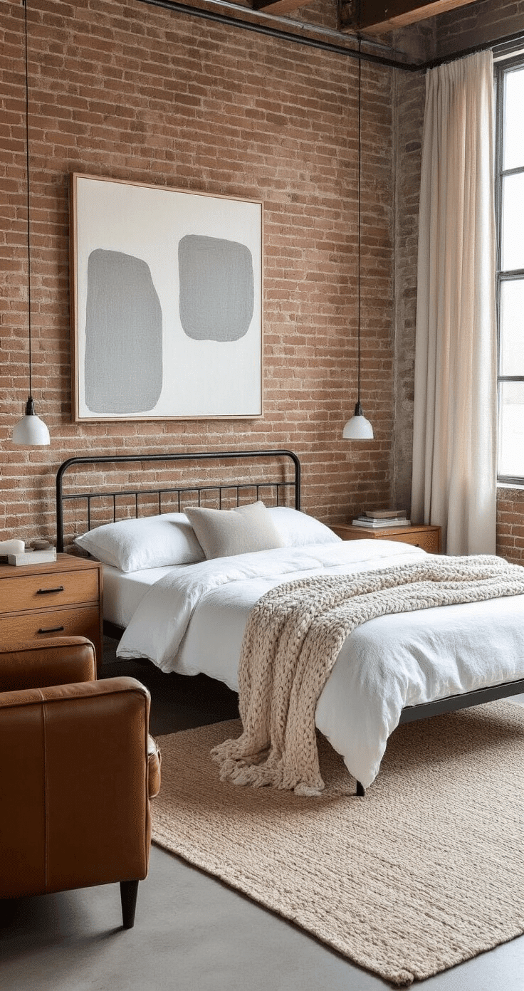 Industrial minimalist bedroom featuring an exposed brick accent wall, matte black low-profile metal frame bed with white linen bedding and a cream knitted throw, wooden nightstands, large abstract art, a vintage leather armchair, a pale woven rug, and large industrial-style windows with linen panels, all bathed in soft morning light.
