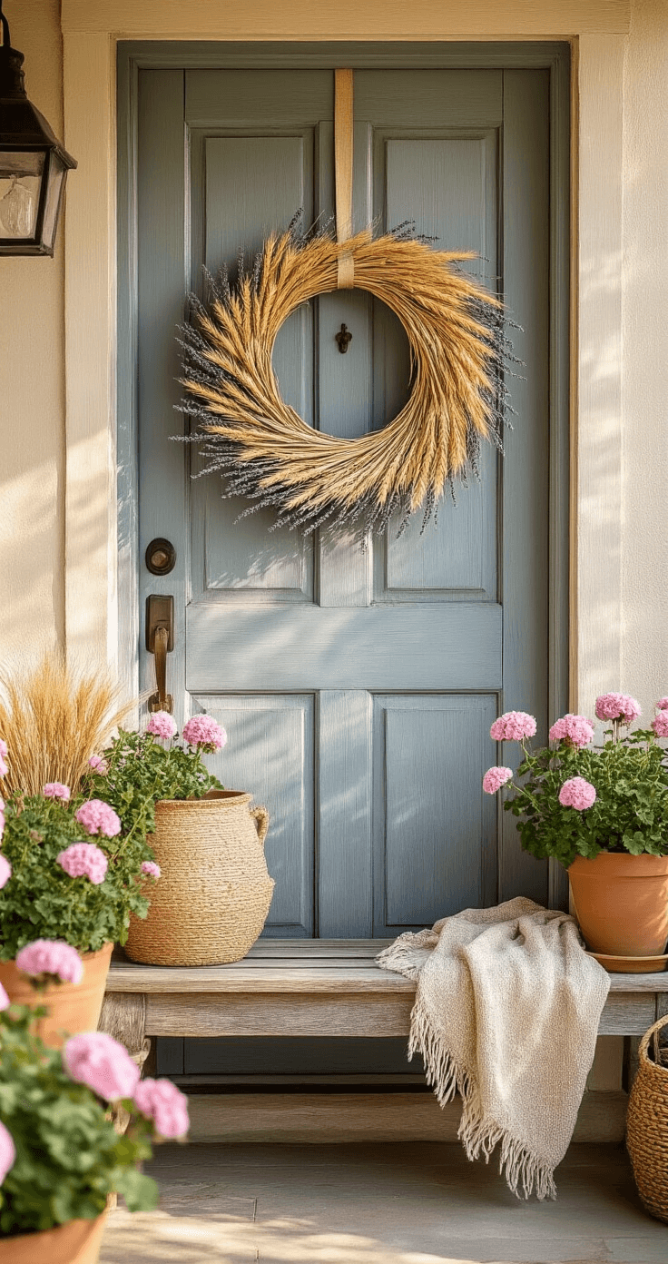 A charming farmhouse porch with a dried lavender and wheat wreath on a weathered blue-gray door, flanked by vintage terra cotta planters of soft pink geraniums, warm afternoon sunlight illuminating the scene. A rough-hewn wooden bench with a woven throw is nearby, highlighted by gently swaying potted plants.