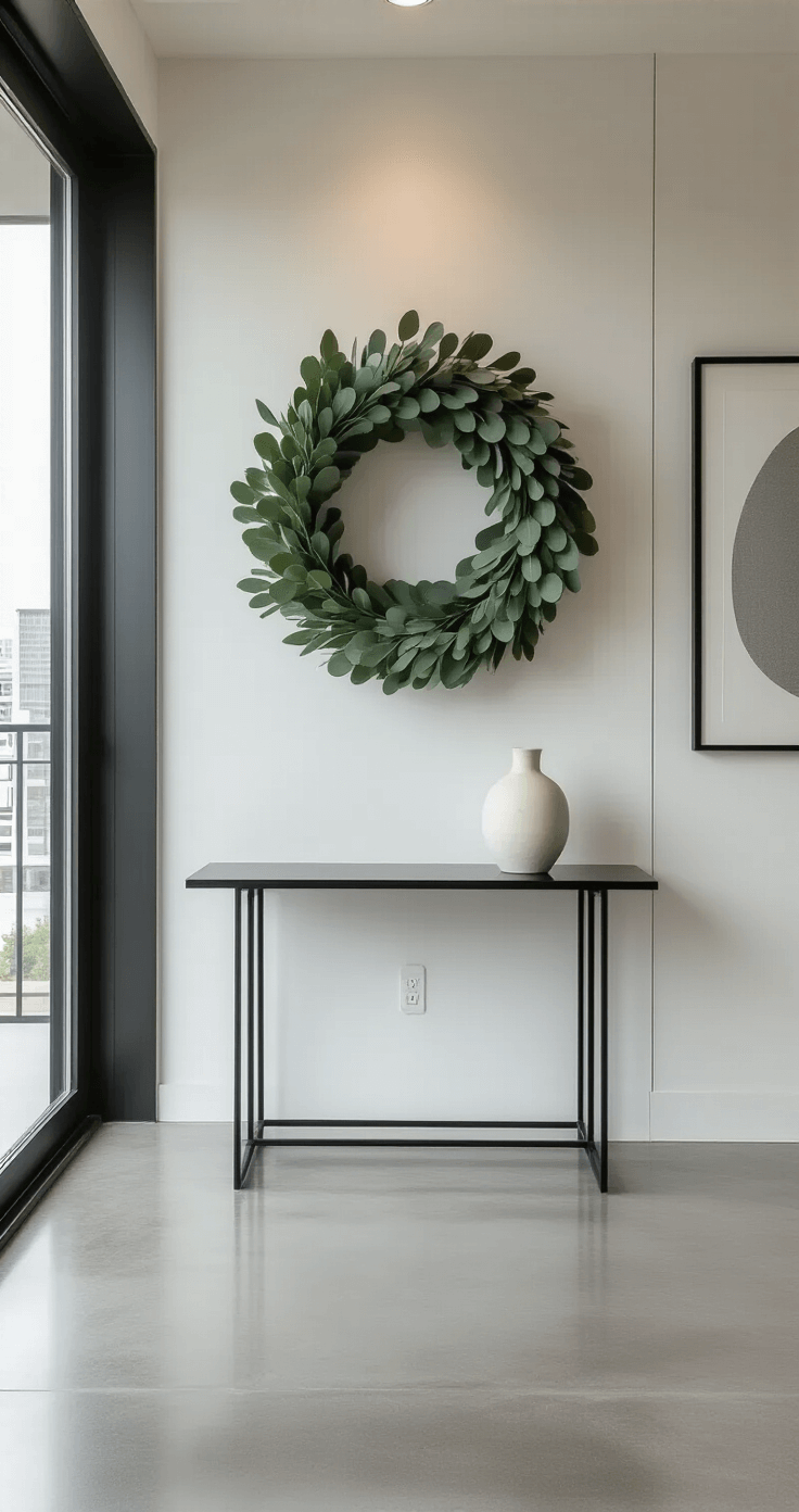 A modern minimalist hallway featuring a sophisticated eucalyptus wreath on a sleek white door, polished concrete floors, and a sculptural black metal console table with a white ceramic vase, illuminated by soft natural light.