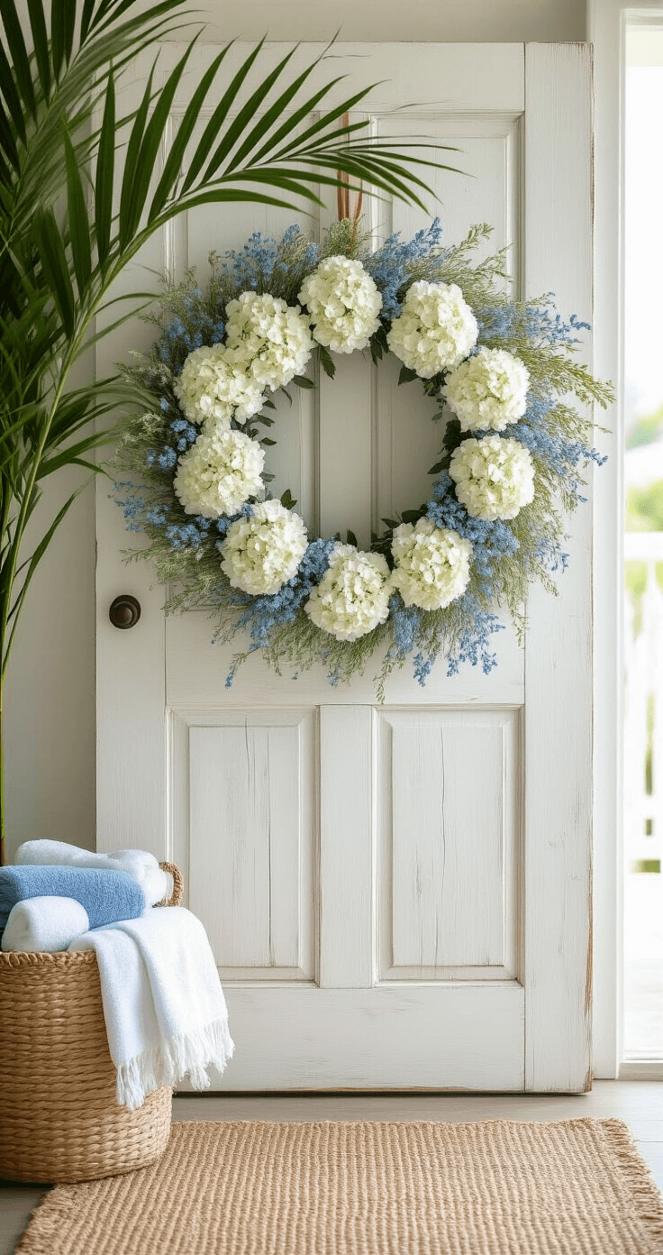 Bright coastal entrance featuring a wreath of dried white hydrangeas and pale blue flowers on a soft white weathered door, complemented by a natural jute rug, a woven basket with beach towels, and a large potted palm, all illuminated by morning light.