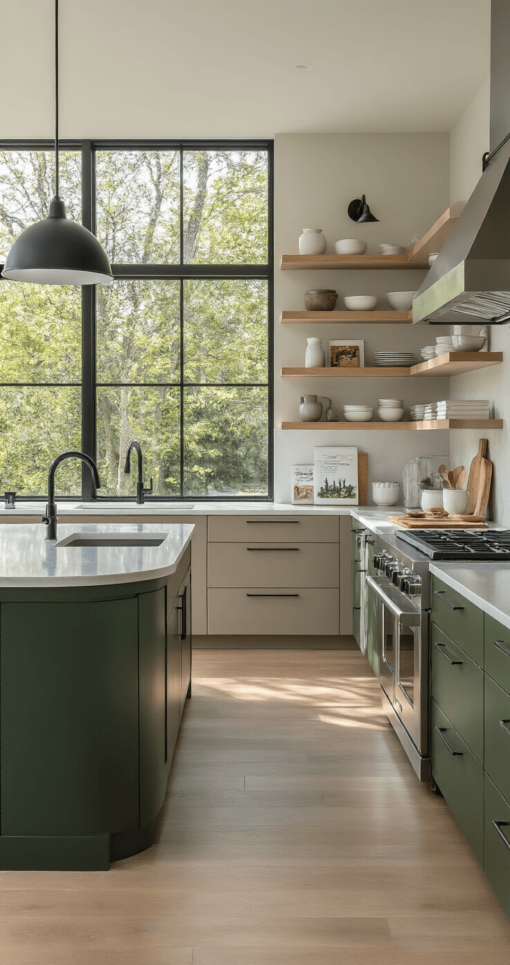 Ultra-modern kitchen featuring handleless greige cabinets and a deep forest green island with curved edges, illuminated by soft morning light through floor-to-ceiling windows. Brushed stainless steel appliances and minimalist open shelving with cookbooks are visible, along with matte black task lighting above the island, which includes a butcher block section and marble pastry board. The composition is shot from an elevated angle, highlighting the clean lines and thoughtful design.