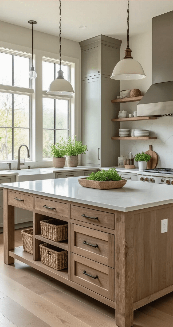 Contemporary kitchen featuring a statement worktable island with exposed wooden legs, integrated charging station, and adjustable pendant lights; large windows illuminating quartz countertops, mixed material textures, open shelving with decorative baskets and potted herbs, emphasizing functional zones for preparation and gathering.