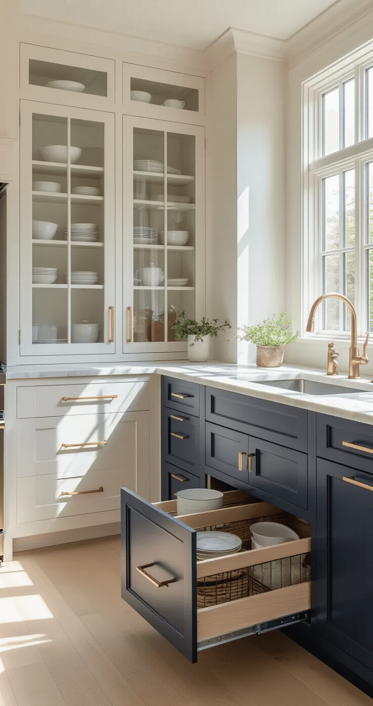 A minimalist kitchen featuring floor-to-ceiling cabinetry in warm whites and soft greiges, a bold navy island, open pull-out storage drawers, glass-front cabinets with curated dishware, curved countertop edges, and large windows that cast natural light across the space.