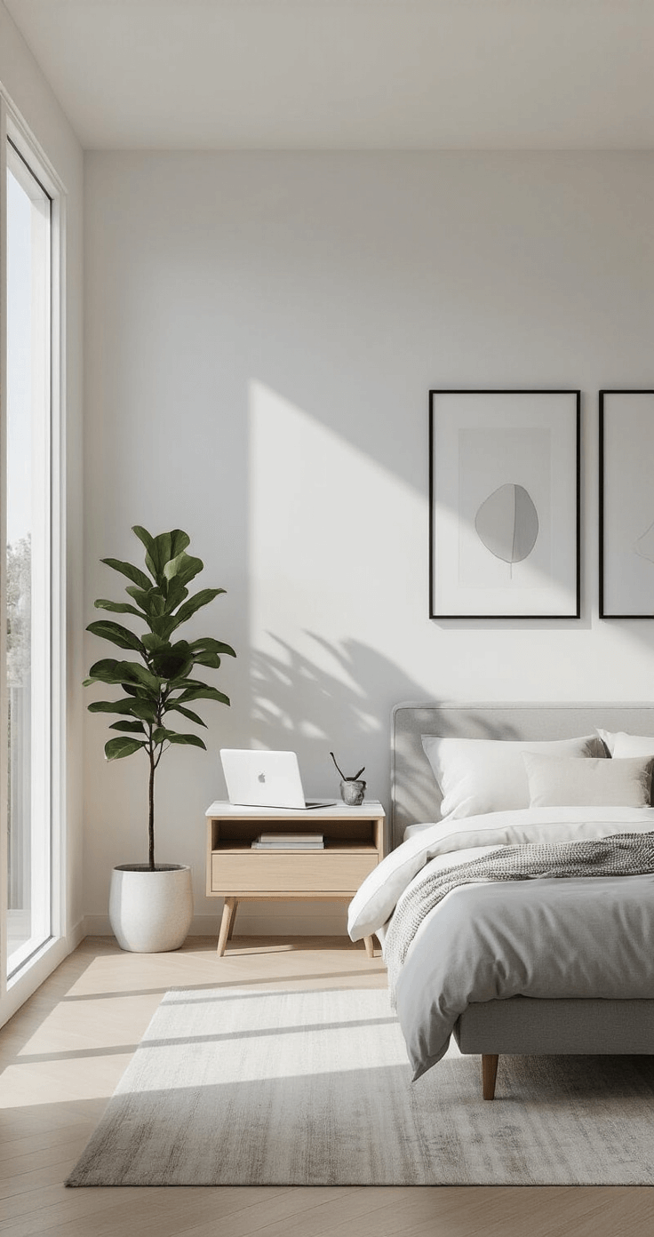 A modern minimalist teenage girl's bedroom featuring white walls, a light gray upholstered bed frame, sleek wooden nightstands, and large windows letting in soft morning light. The decor includes black-framed art prints, a low-profile desk with a white MacBook, marble desk accessories, and a fiddle leaf fig plant, all contributing to a serene atmosphere.
