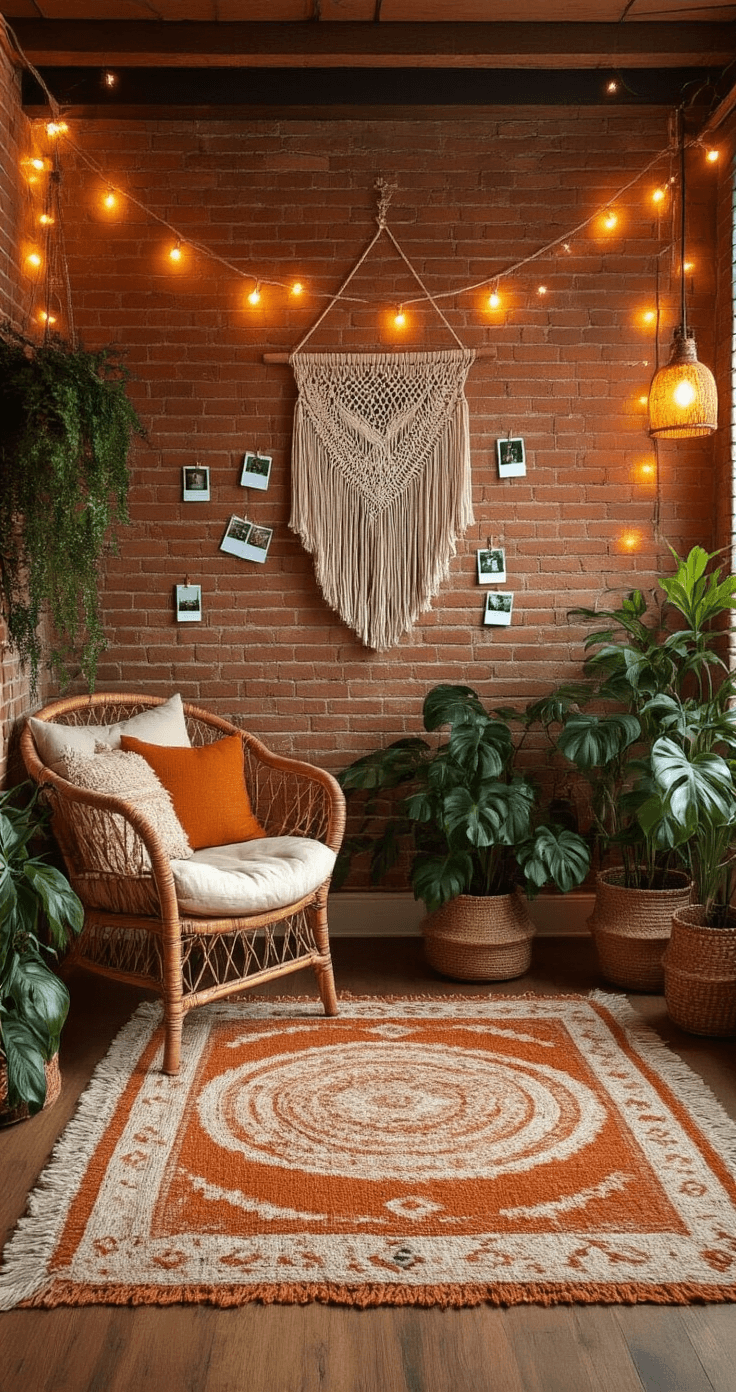A cozy bohemian teen bedroom featuring an exposed brick accent wall, macramé wall hanging, layered textured rugs in burnt orange and cream, and a vintage rattan chair with oversized floor cushions. String lights drape across the ceiling, while botanical prints and multiple potted plants, including a large monstera, add greenery. Personal polaroid photographs are clipped on twine, with warm amber pendant lighting illuminating the eclectic space during golden hour.