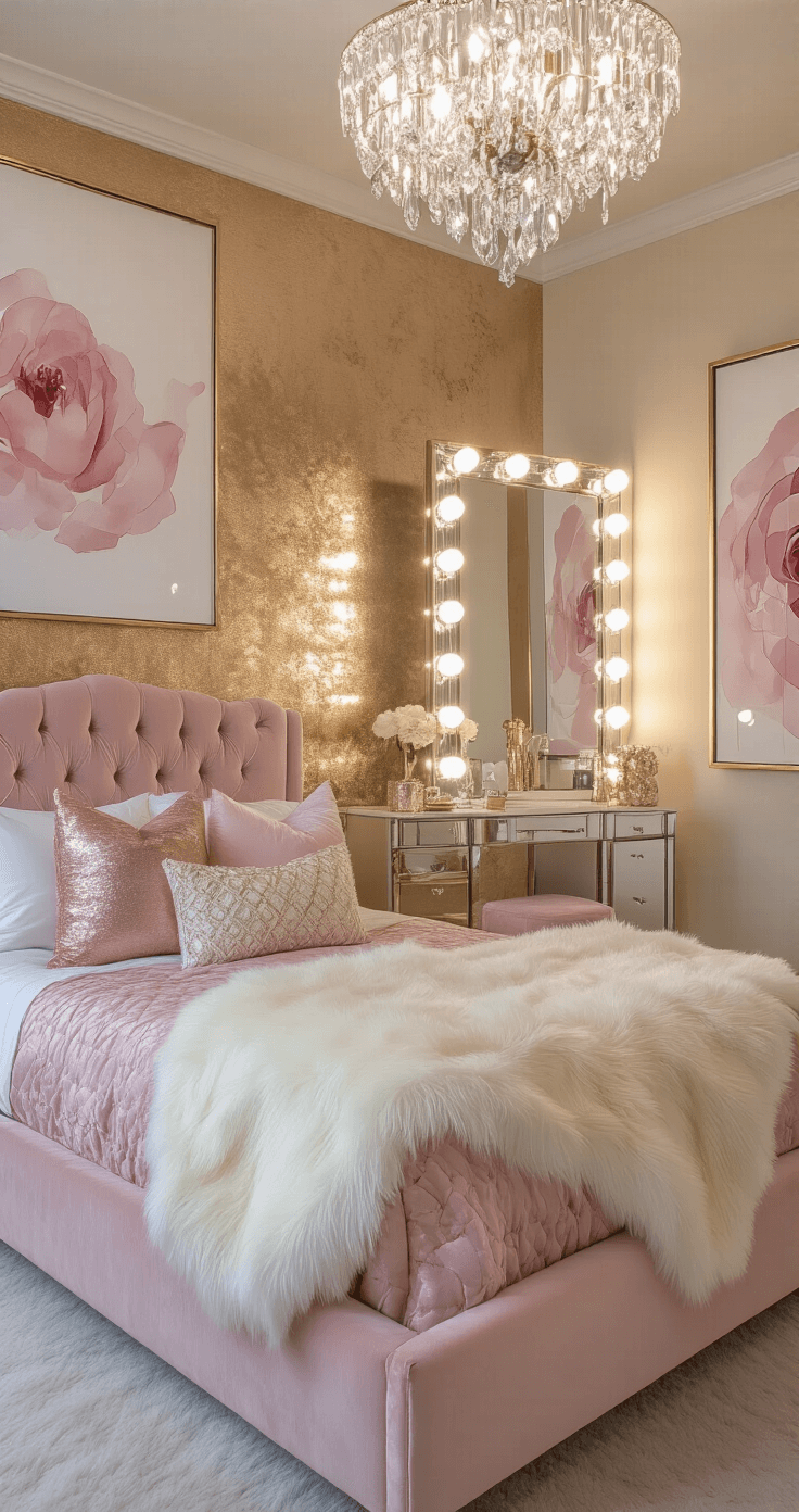 Glamorous teen bedroom with blush pink velvet bed, metallic gold accent wall, and crystal chandelier, featuring a mirrored vanity, plush cream faux fur throw, abstract geometric pillows, rose gold accessories, large floor mirror, and oversized watercolor art, all highlighted by dramatic lighting.
