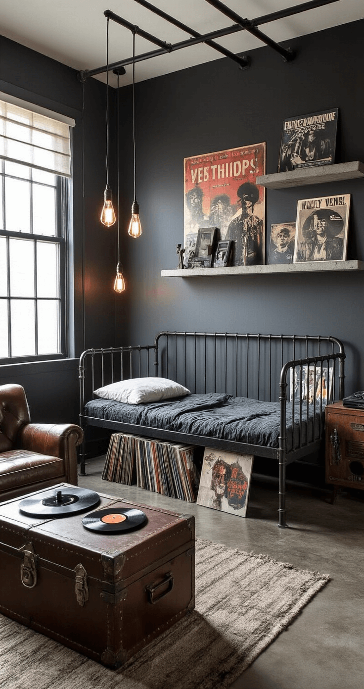 A stylish industrial chic teen bedroom featuring an exposed metal bed frame against dark charcoal walls, a vintage leather armchair, and concrete-look floating shelves adorned with vintage concert posters and urban photography prints. Edison bulb pendant lighting casts moody shadows, illuminating a distressed leather trunk as a coffee table, a vintage record player, and a collection of vinyl albums, complemented by architectural metal pipe shelving.