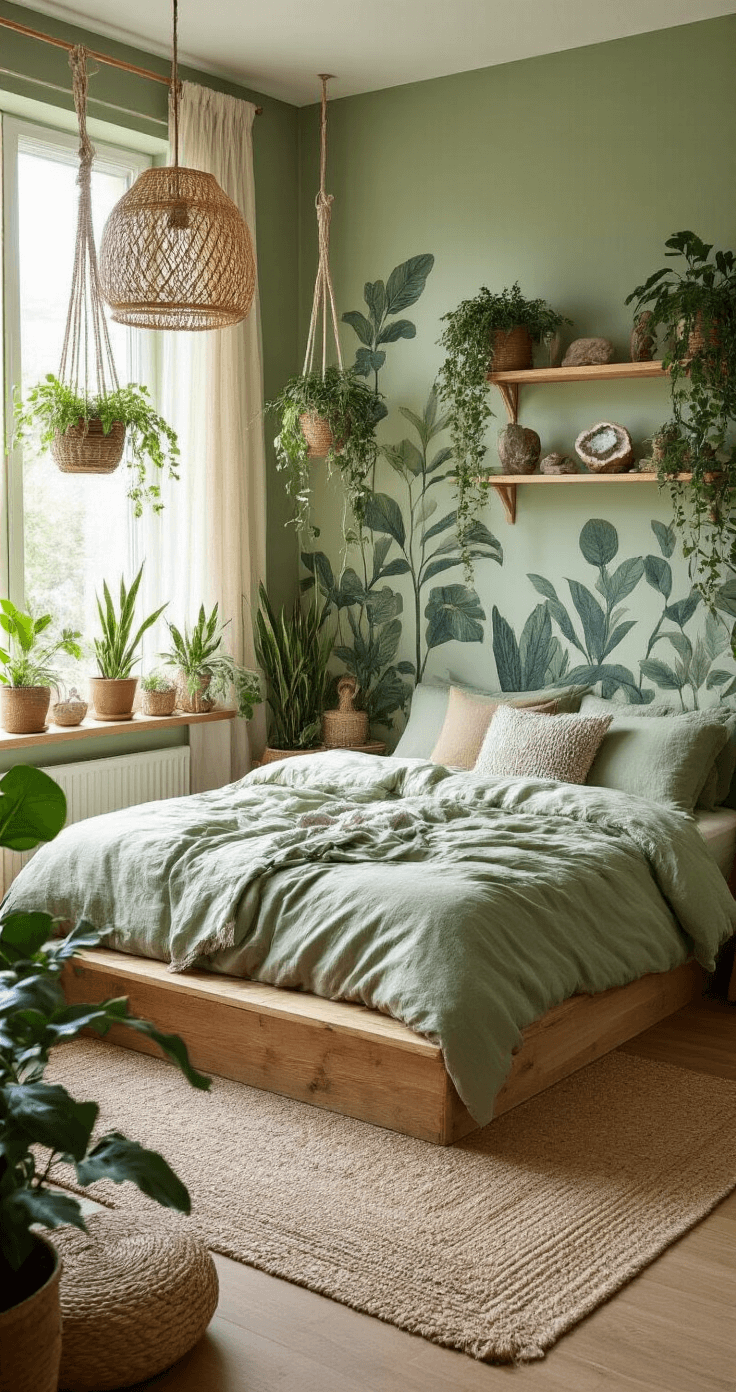 A serene teen bedroom with sage green walls, a wooden platform bed, botanical wall murals, hanging and potted plants, rattan light fixtures, earthy linen bedding, macramé plant hangers, and wooden shelves displaying natural objects, all illuminated by soft morning light.